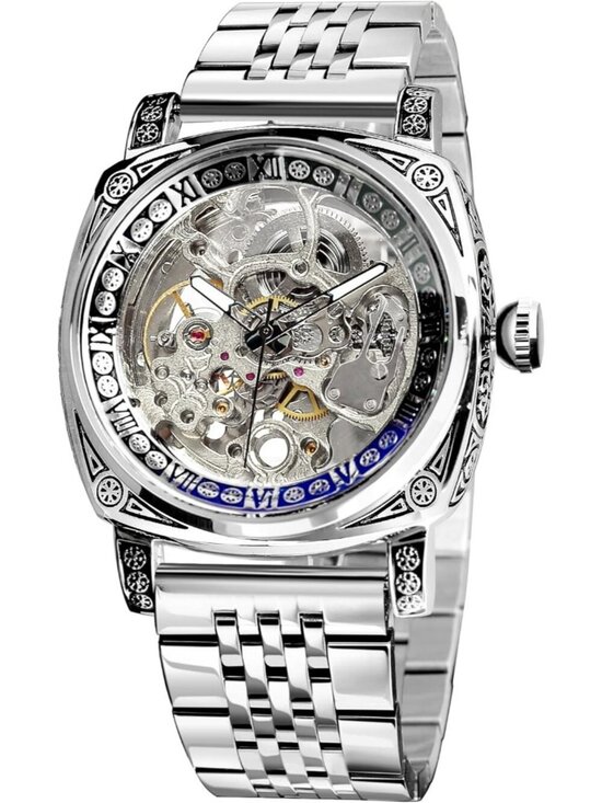 Other - Men's Silver Square Mechanical Stainless Steel Self-Wind Carved Automatic Watch